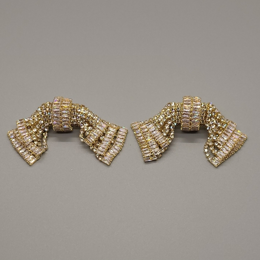 Estate AB Luxury Palace Chic Crystal Exaggerated Bow Gold Dangle Earrings - Picture 11 of 15